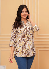 Coffee Brown & Beige Oversized Floral Print Cotton Top