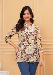 Coffee Brown & Beige Oversized Floral Print Cotton Top