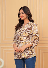Coffee Brown & Beige Oversized Floral Print Cotton Top