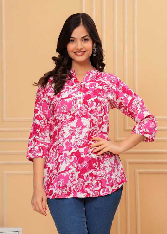 Multicolor Floral Short Kurti with Pink Sanganeri Print