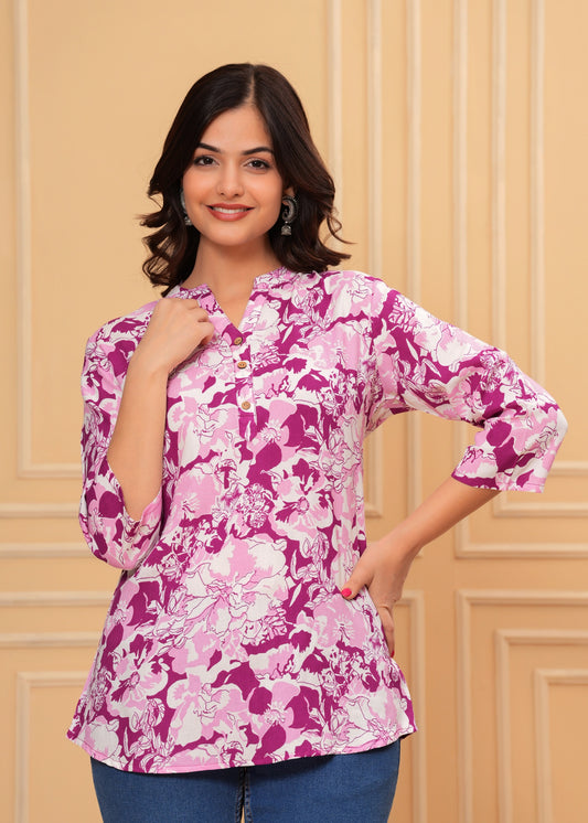 Multicolor Floral Short Kurti with Purple Sanganeri Print