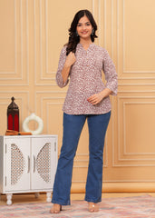 Women's Brown & White Abstract Printed Cotton Kurti Top