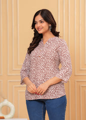 Women's Brown & White Abstract Printed Cotton Kurti Top
