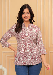 Women's Brown & White Abstract Printed Cotton Kurti Top