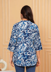 Blue & White Floral Printed Cotton Kurti Top
