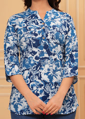 Blue & White Floral Printed Cotton Kurti Top