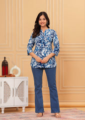 Blue & White Floral Printed Cotton Kurti Top