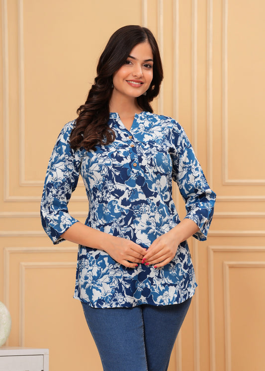 Multicolor Floral Short Kurti with Blue Sanganeri Print