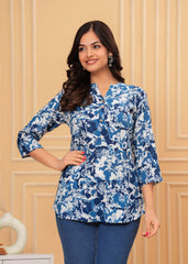 Blue & White Floral Printed Cotton Kurti Top