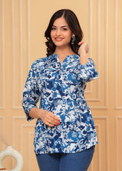 Blue & White Floral Printed Cotton Kurti Top