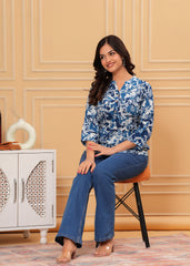 Blue & White Floral Printed Cotton Kurti Top