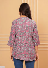 Women's Pink Floral Printed Cotton Kurti Top