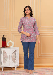 Women's Pink Floral Printed Cotton Kurti Top
