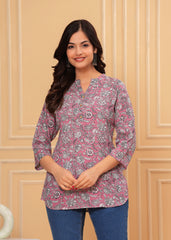 Women's Pink Floral Printed Cotton Kurti Top