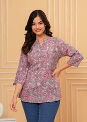 Women's Pink Floral Printed Cotton Kurti Top