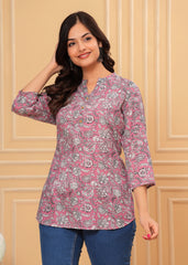 Women's Pink Floral Printed Cotton Kurti Top