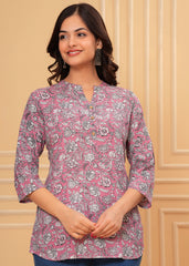 Women's Pink Floral Printed Cotton Kurti Top