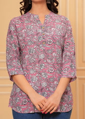 Women's Pink Floral Printed Cotton Kurti Top