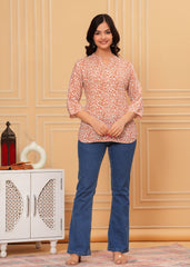 Orange Abstract Printed Cotton Kurti Top
