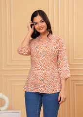 Orange Abstract Printed Cotton Kurti Top