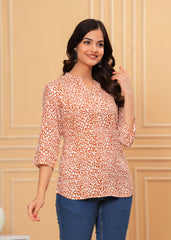 Orange Abstract Printed Cotton Kurti Top