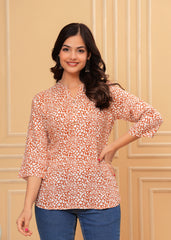Orange Abstract Printed Cotton Kurti Top