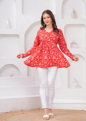 Scarlet Bloom Red Floral Cotton Top