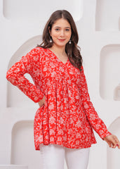 Scarlet Bloom Red Floral Cotton Top
