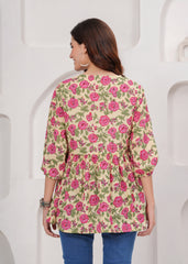Cream Cotton Tunic Top with Pink Floral Print