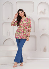 Cream Cotton Tunic Top with Pink Floral Print
