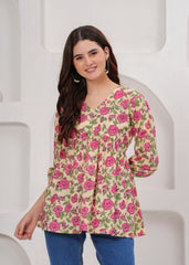 Cream Cotton Tunic Top with Pink Floral Print