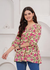 Cream Cotton Tunic Top with Pink Floral Print