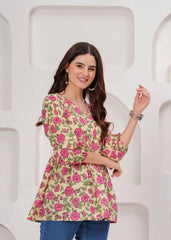 Cream Cotton Tunic Top with Pink Floral Print