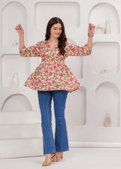 Cream Cotton Tunic Top with Pink Floral Print