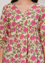 Cream Cotton Tunic Top with Pink Floral Print