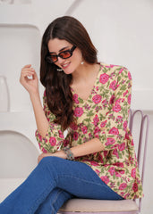 Cream Cotton Tunic Top with Pink Floral Print
