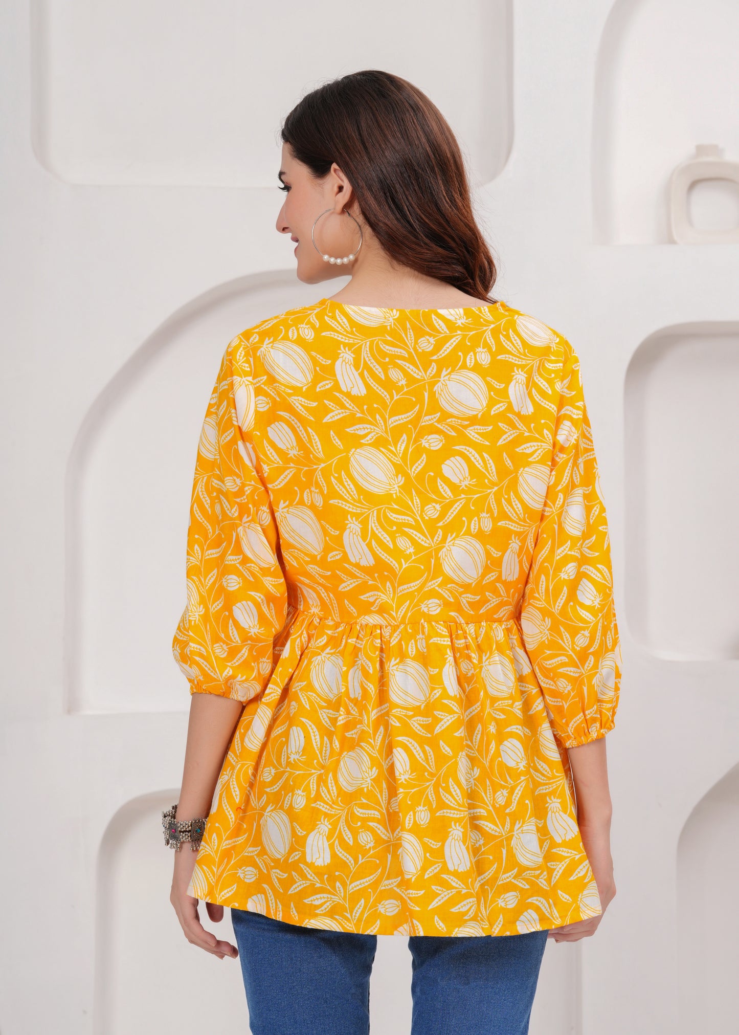 Sunshine Yellow Floral Printed Cotton Tunic Top