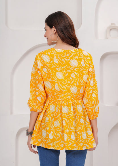 Sunshine Yellow Floral Printed Cotton Tunic Top
