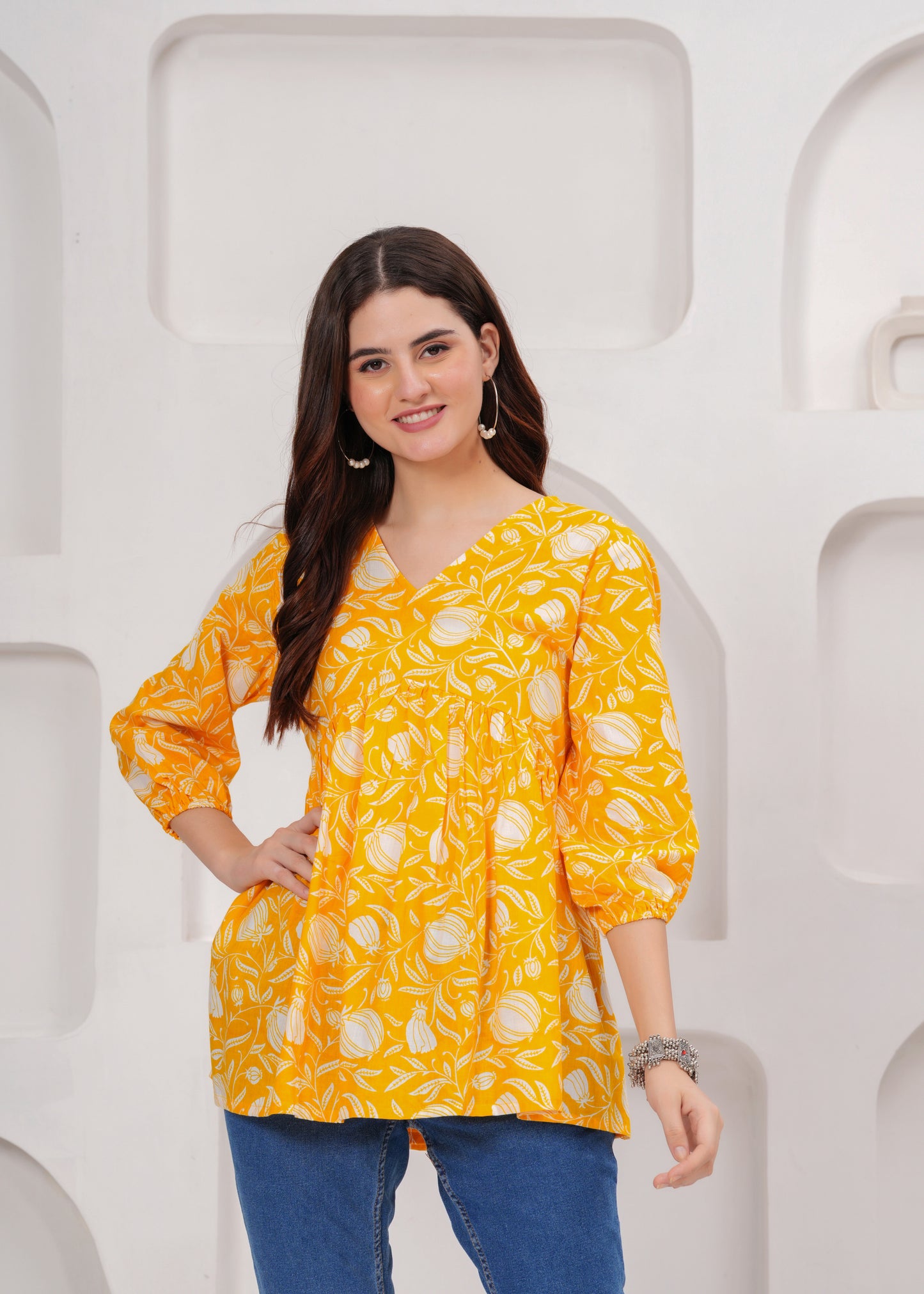 Sunshine Yellow Floral Printed Cotton Tunic Top