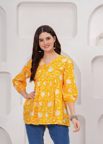 Sunshine Yellow Floral Printed Cotton Tunic Top