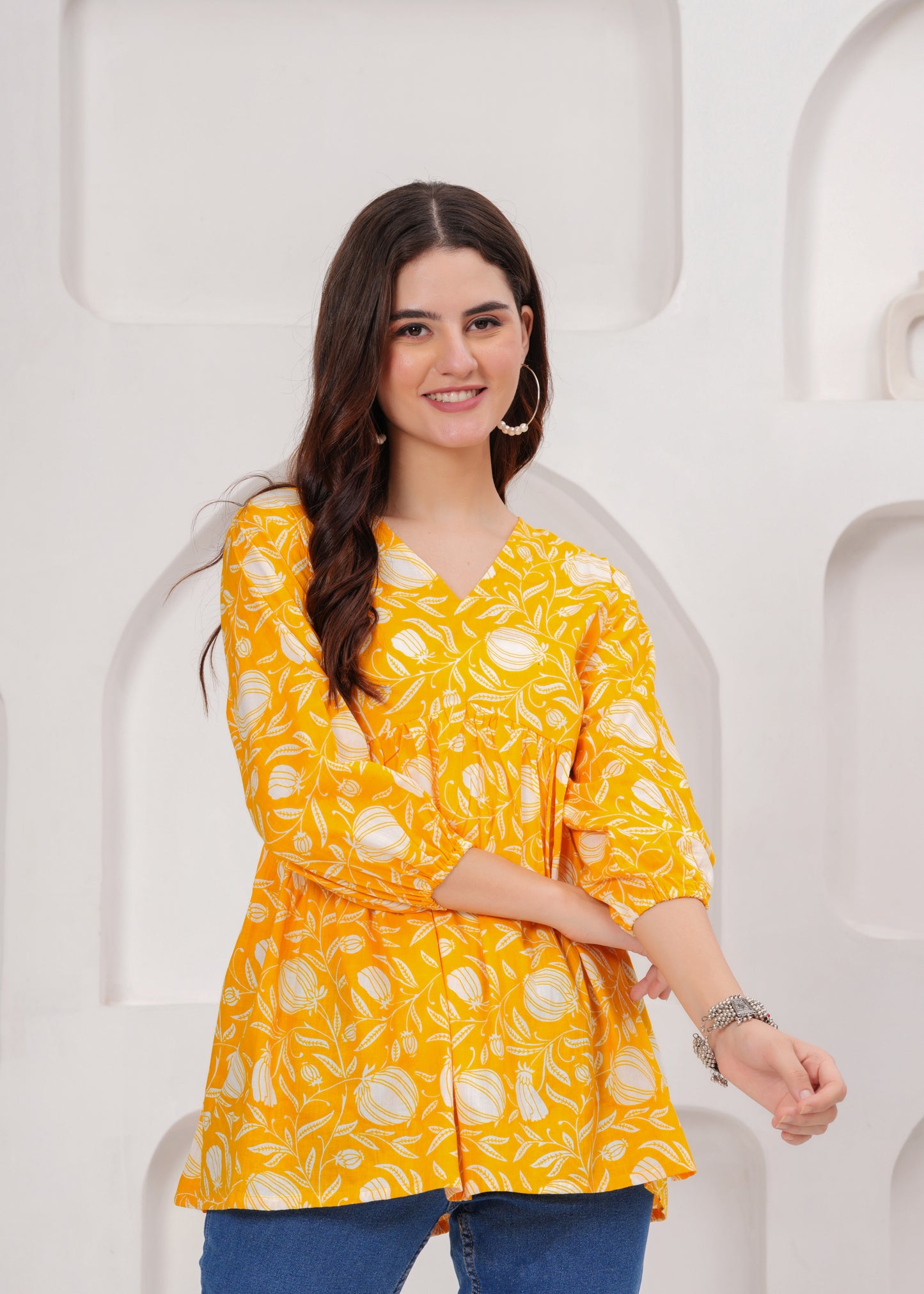 Sunshine Yellow Floral Printed Cotton Tunic Top