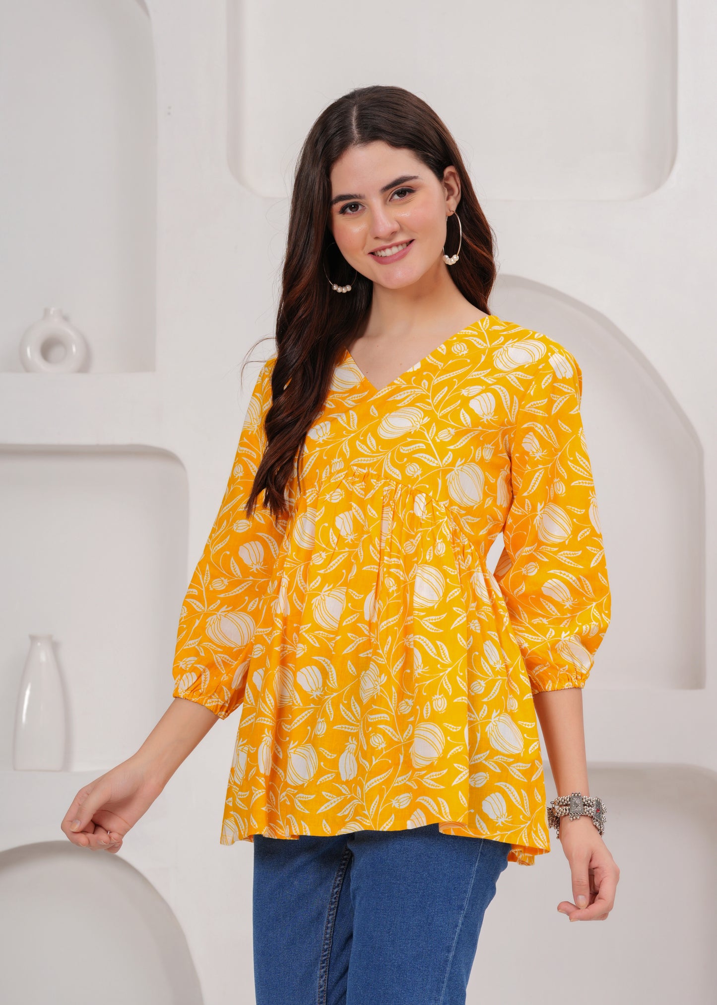 Sunshine Yellow Floral Printed Cotton Tunic Top