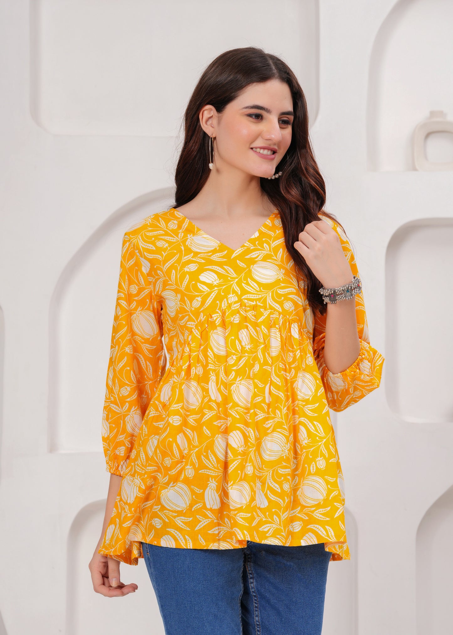 Sunshine Yellow Floral Printed Cotton Tunic Top