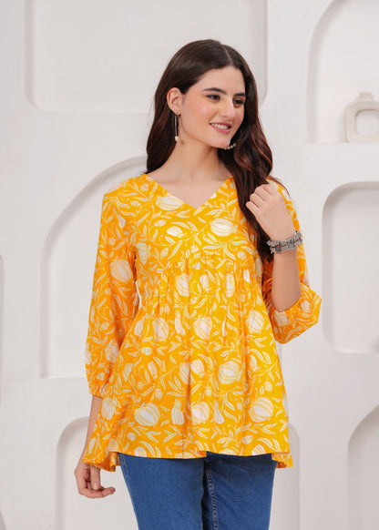 Sunshine Yellow Floral Printed Cotton Tunic Top