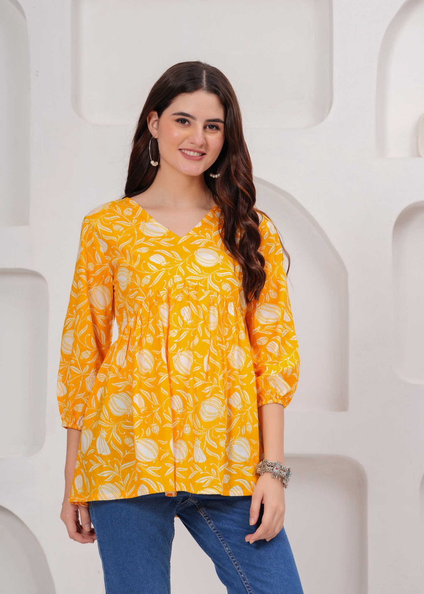 Sunshine Yellow Floral Printed Cotton Tunic Top