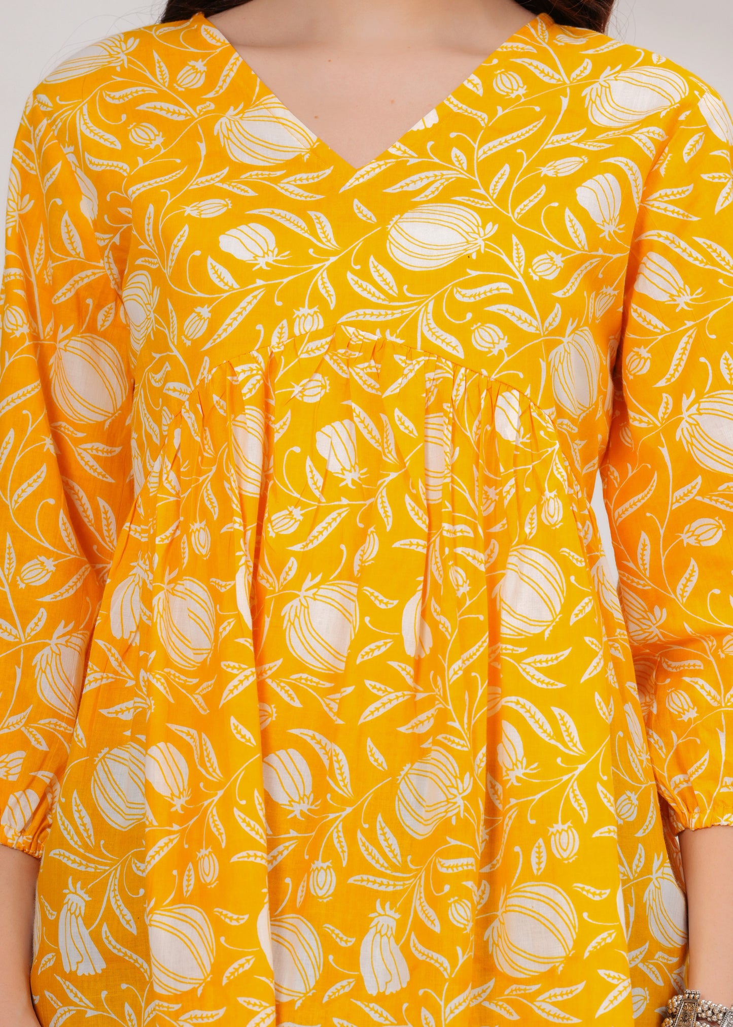 Sunshine Yellow Floral Printed Cotton Tunic Top
