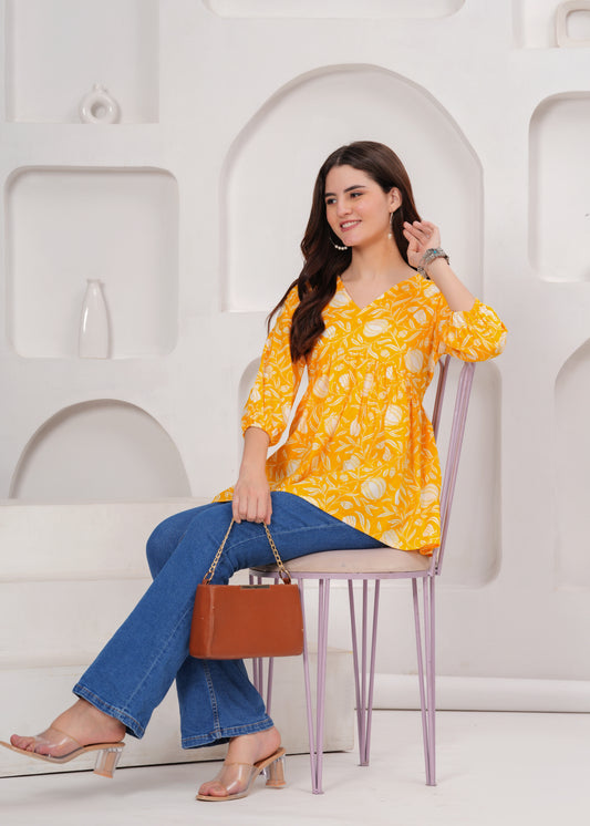 Sunshine Yellow Floral Printed Cotton Tunic Top
