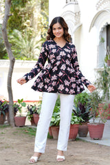 Red Floral Empire Waist Cotton Peplum Top