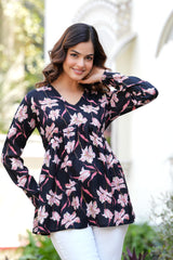 Red Floral Empire Waist Cotton Peplum Top