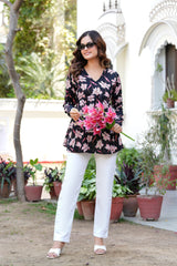 Red Floral Empire Waist Cotton Peplum Top